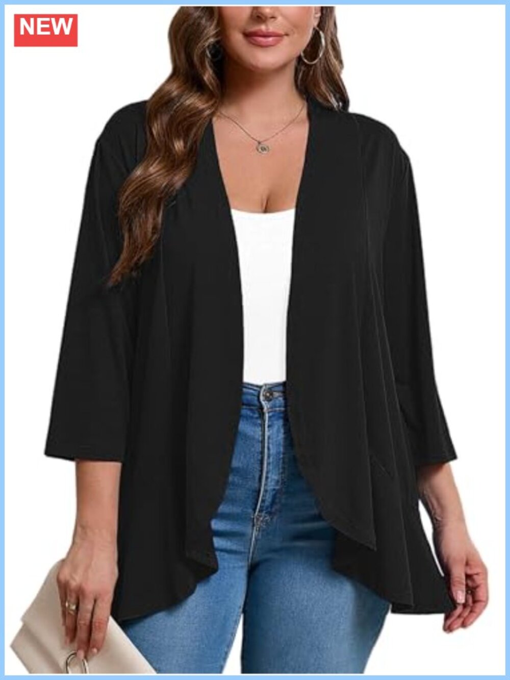 Plus Size Open Front Cardigan 3/4 Sleeve Ruffle Hem Lightweight Summer Shrug